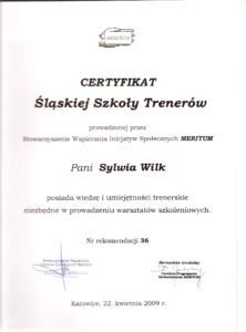certyfikat śląskiej szkoły trenerów
